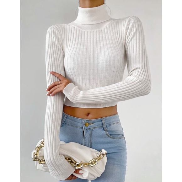 SHEIN Tops - 3/$35 shein- white ribbed cropped long sleeve thin turtleneck sweater top
